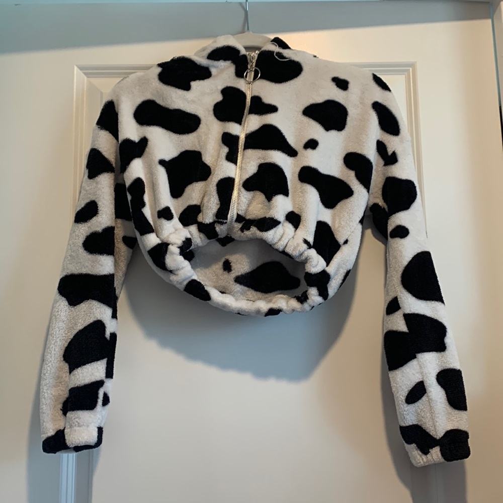 Cow Print Zip Up Cropped Hoodie